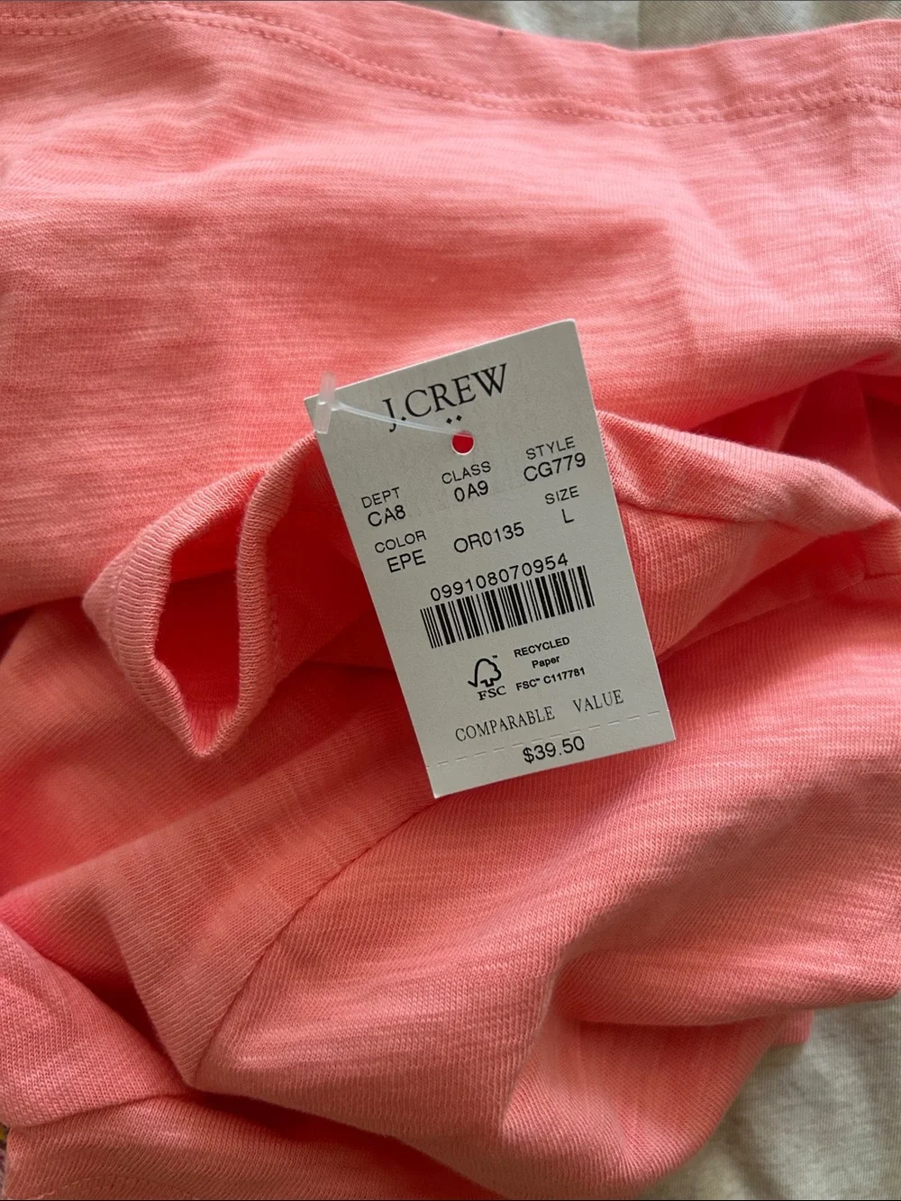 J. CREW Girlfriend crewneck tee peach colour 100% cotton Large NWT
